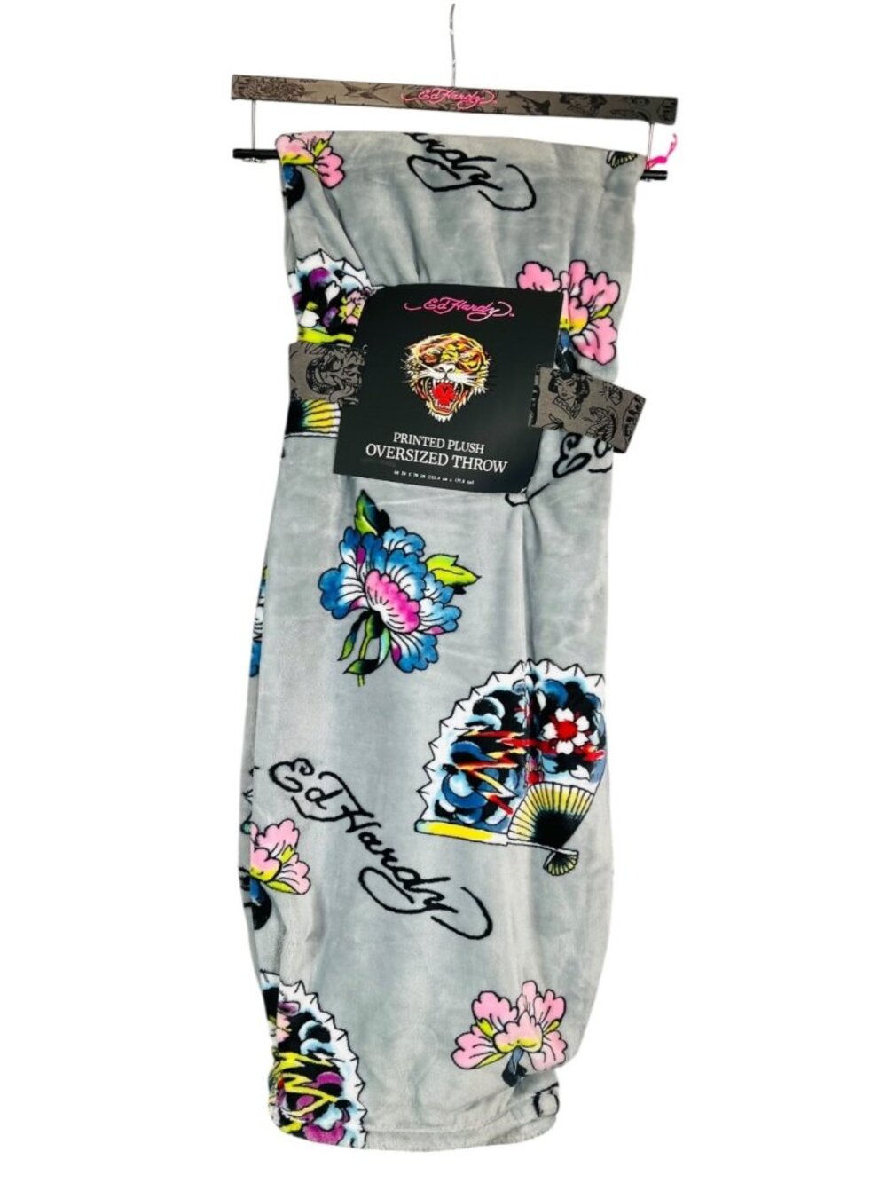 Ed Hardy Printed Plush Oversized Throw Blanket 60x70 Gray Floral Tattoo NWT